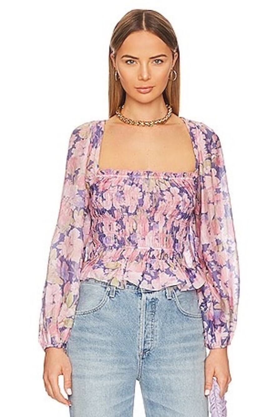 ASTR the Label Nicollete Top Purple and Pink Floral Smocked Size Medium